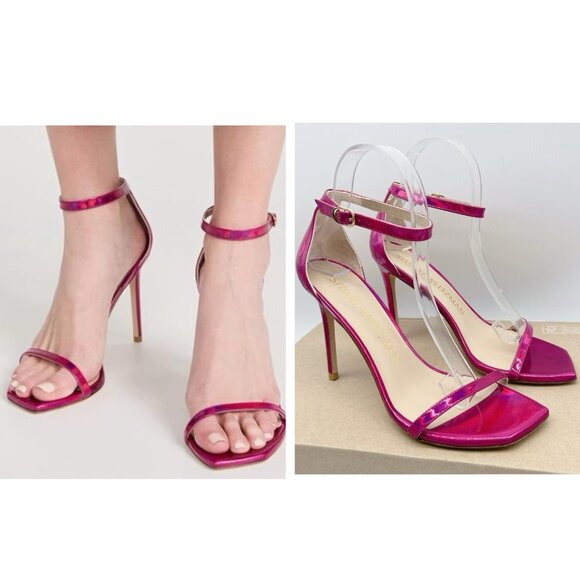 Stuart Weitzman Nudistcurve 100 Strap Sandal Iridescent Patent Orchid Pink US 6 - Picture 1 of 11